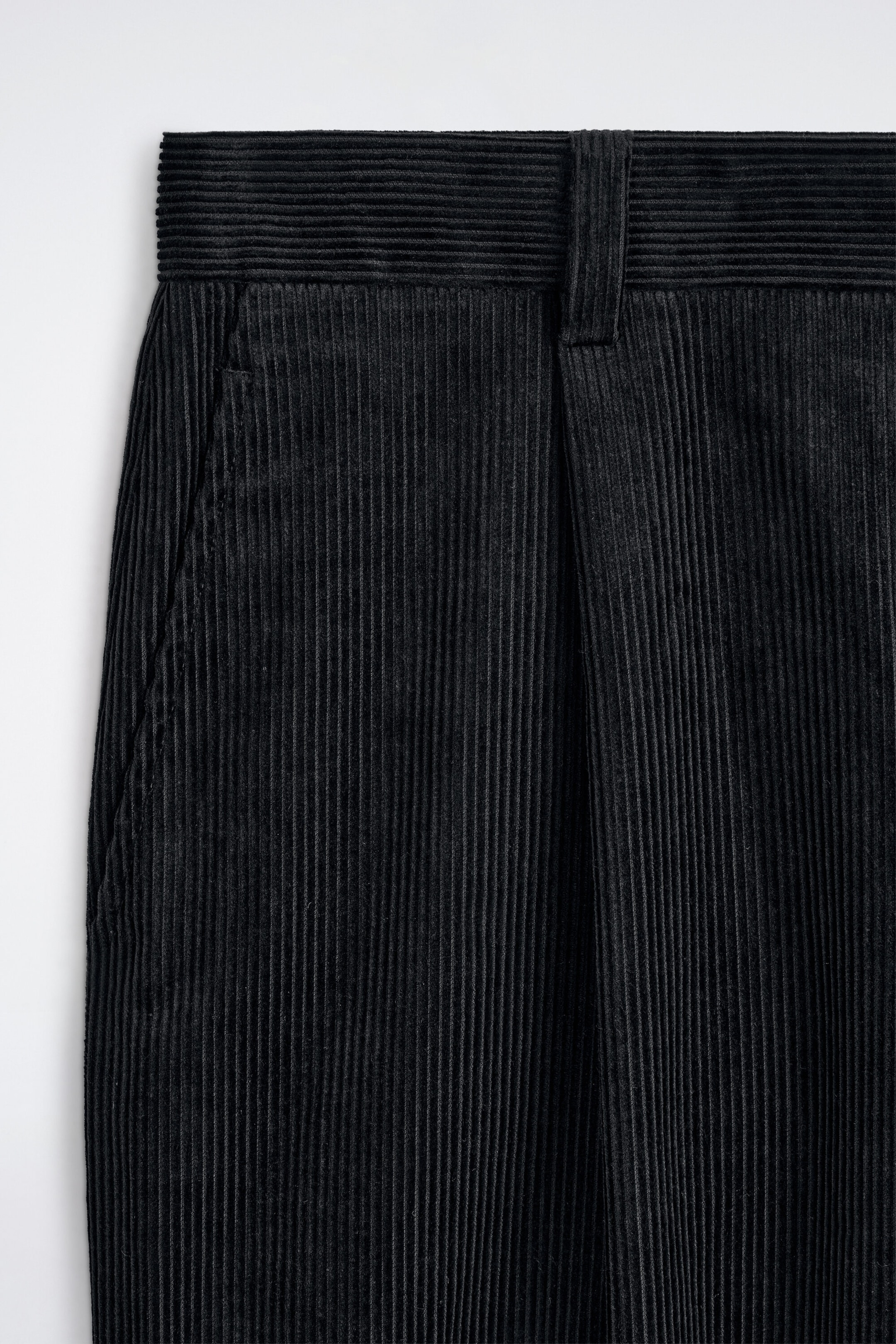 A close-up front view of the Pleated Relaxed-Fit Tapered Corduroy Pants showcases the textured black fabric with prominent vertical ribbing. The pants feature a waistband with horizontal ribbing, a single vertical belt loop, a deep front pleat, and a side slip pocket. A close-up front view of the Pleated Relaxed-Fit Tapered Corduroy Pants showcases the textured black fabric with prominent vertical ribbing. The pants feature a waistband with horizontal ribbing, a single vertical belt loop, a deep front pleat, and a side slip pocket.