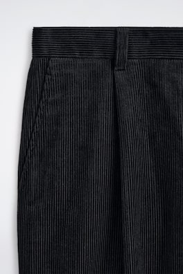 PLEATED RELAXED-FIT TAPERED CORDUROY PANTS — BLACK 6