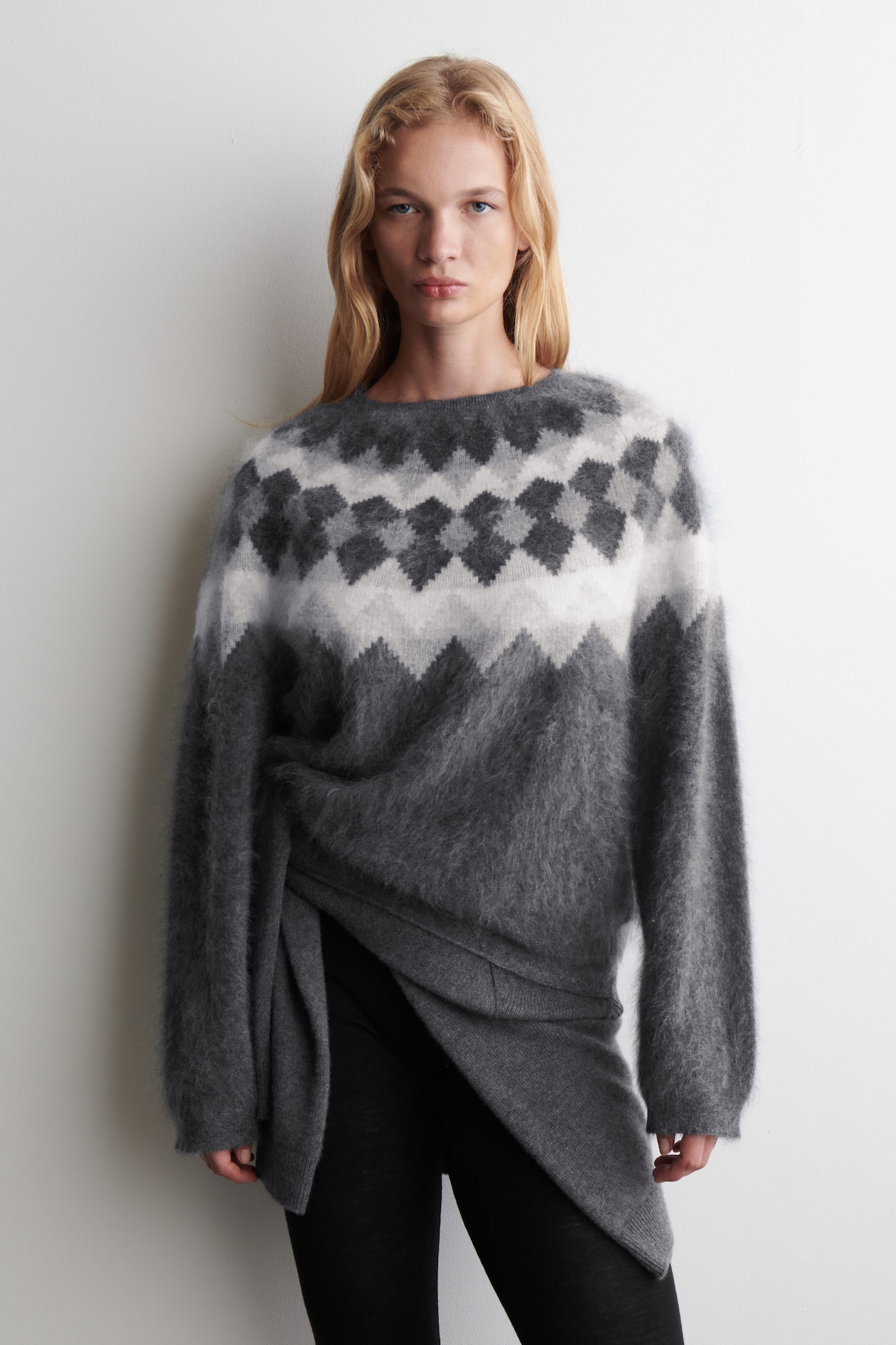 VINTAGE Pull à col rond pour hommes IT 50 Gris moyen jacquard