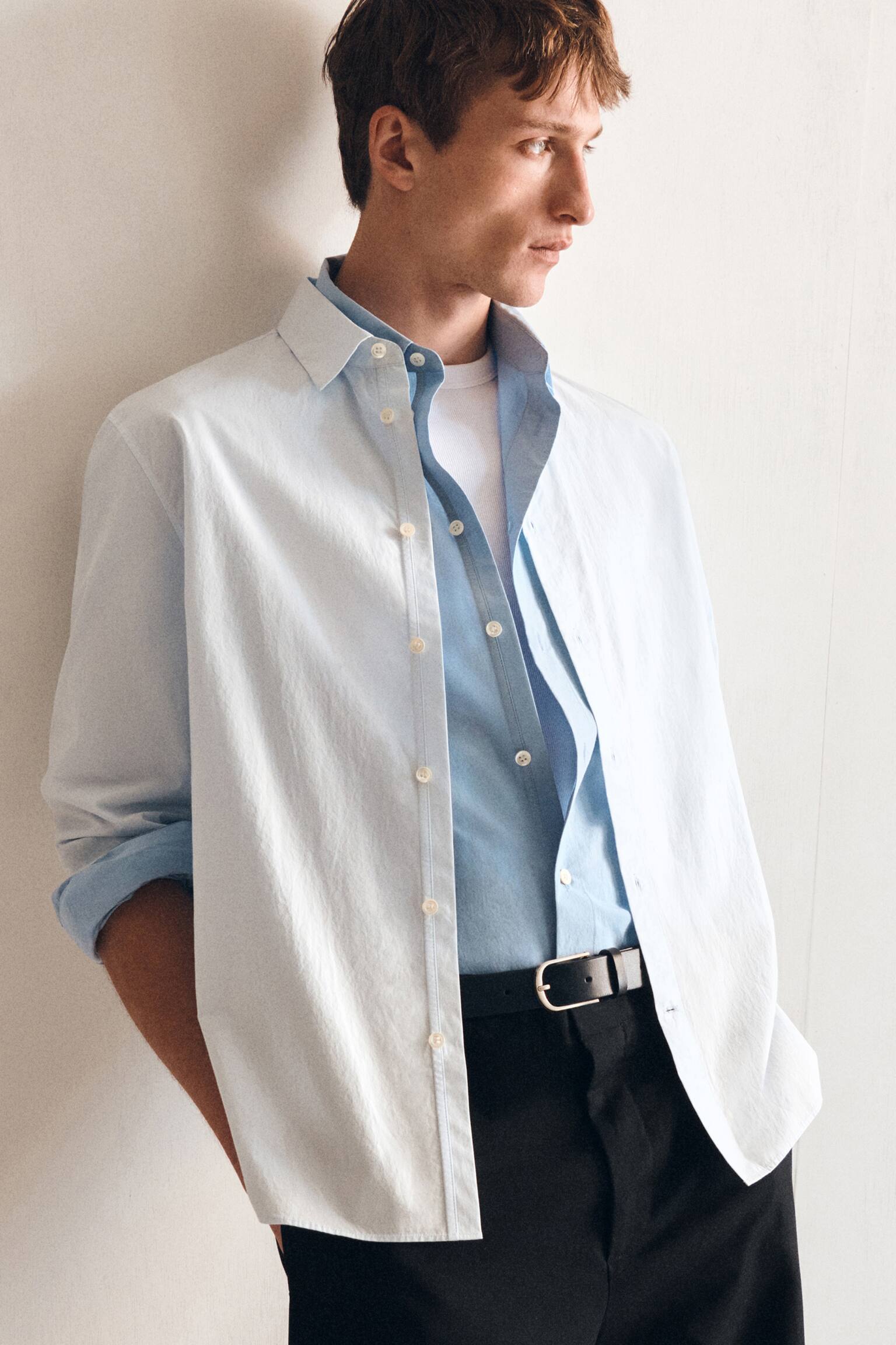 Camisa descontraída em popelina de algodão pima - AZUL/Azul-claro/Caqui / às riscas/BEGE/azul-claro - 3