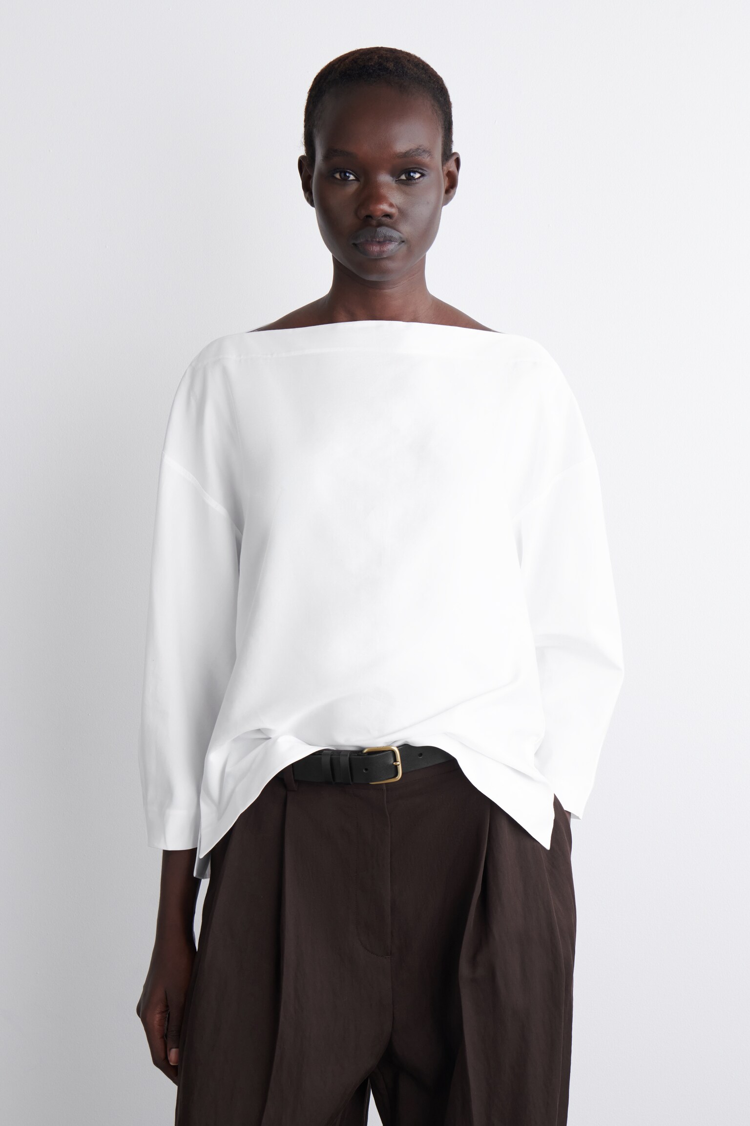 BOAT-NECK COTTON BLOUSE - WHITE/BEIGE / GINGHAM