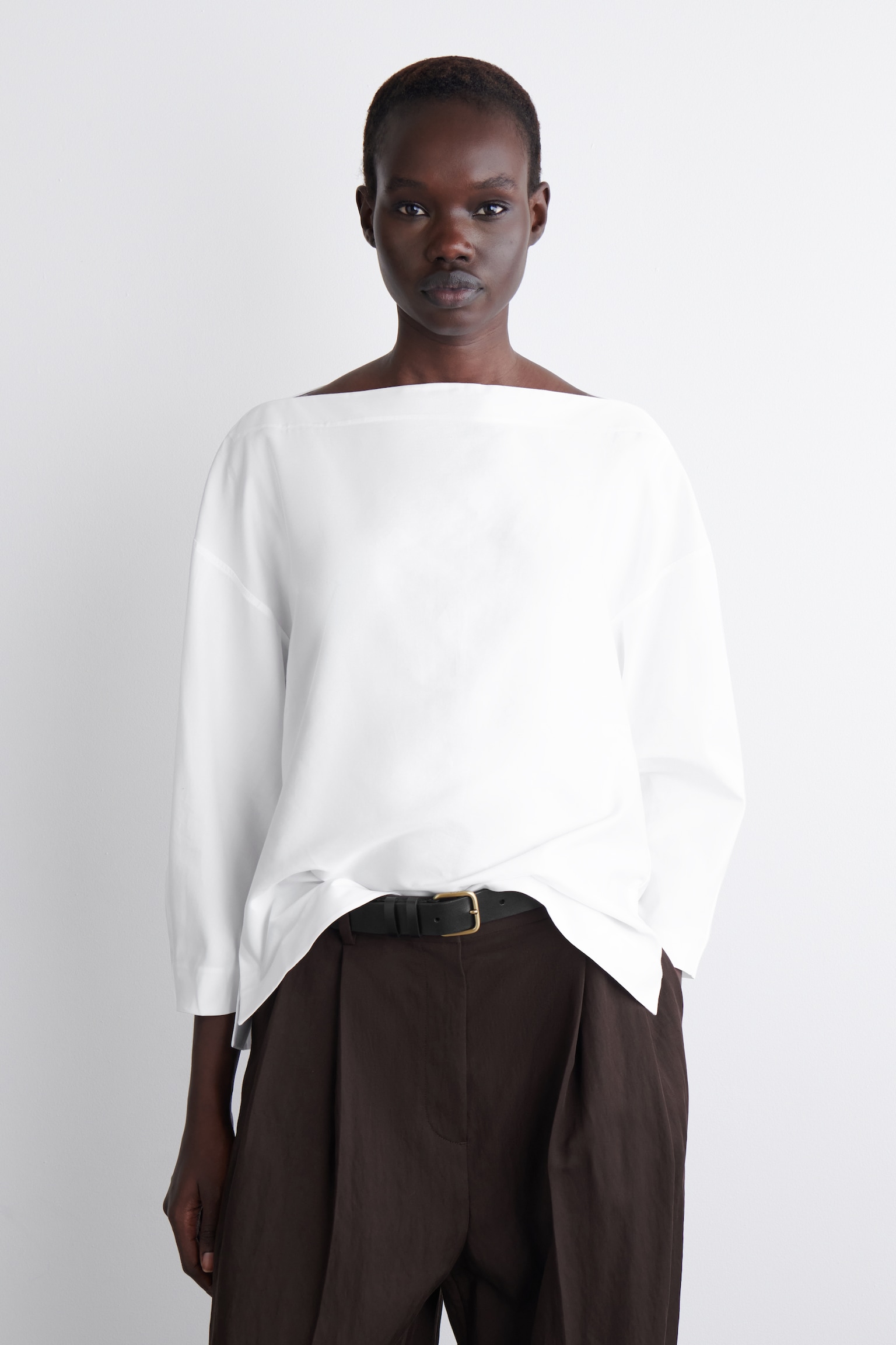 BOAT-NECK COTTON BLOUSE - WHITE/BEIGE / GINGHAM