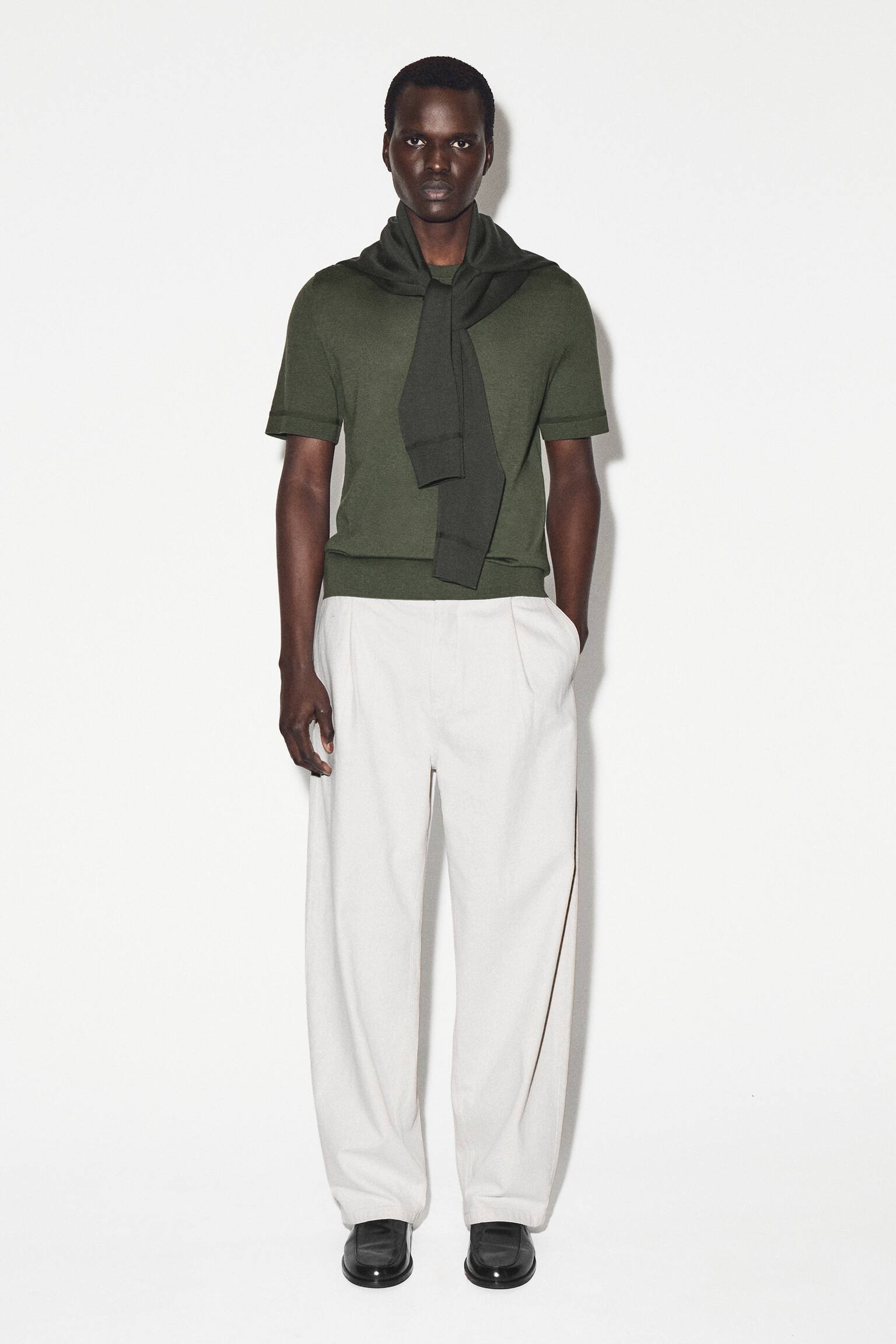 Neulottu merinovillainen t-paita - tumma kaki/tummansininen - 5