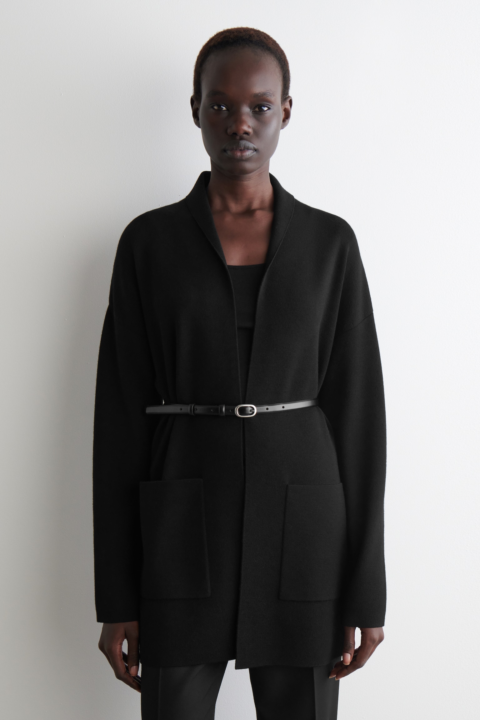 DRAPED-COLLAR MERINO WOOL CARDIGAN - BLACK