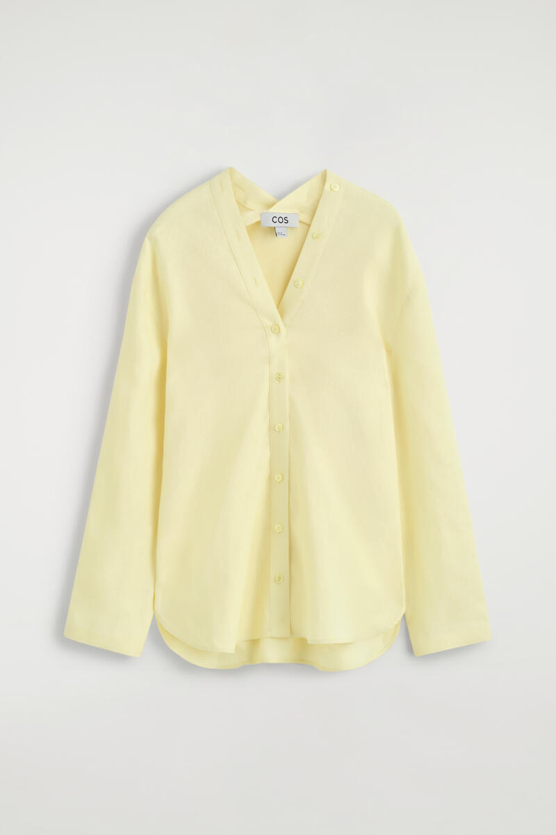 Button-Detail Linen V-Neck Shirt