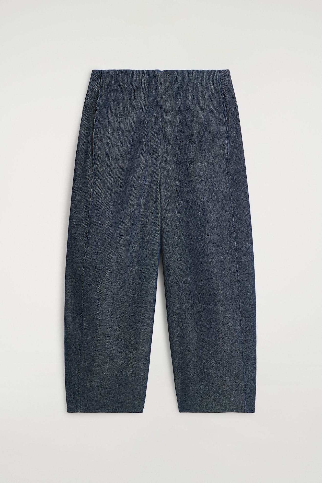 RAW DENIM CROPPED BARREL-LEG TROUSERS — INDIGO