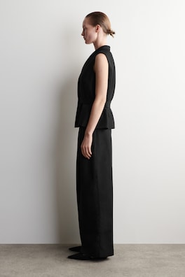 SHAWL-COLLAR BELTED LINEN-BLEND WAISTCOAT — BLACK 3