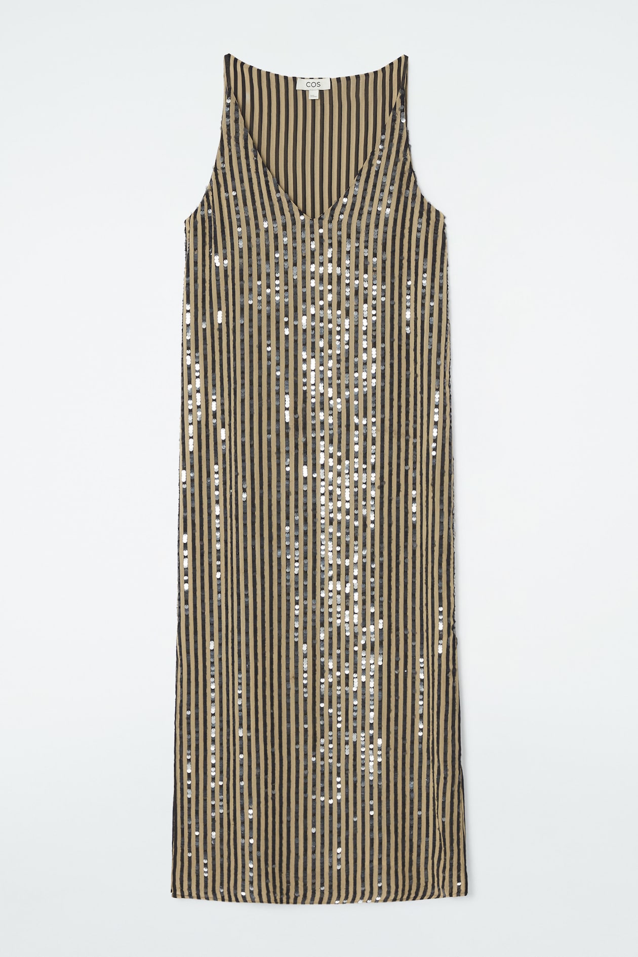 gold and white striped sequin dress Gold Stripe Mega Bead Button Up Collar Cotton Dress – Queen of Sparkles main image 0