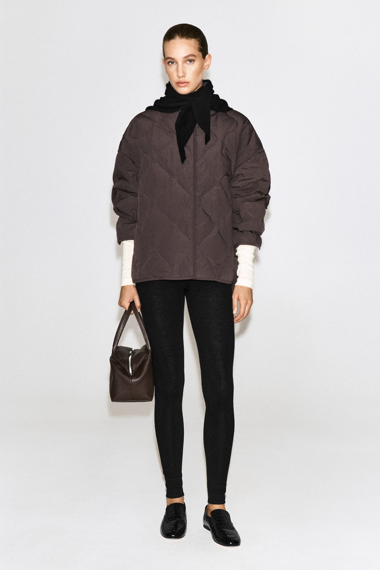SHAWL-COLLAR QUILTED JACKET — BROWN
