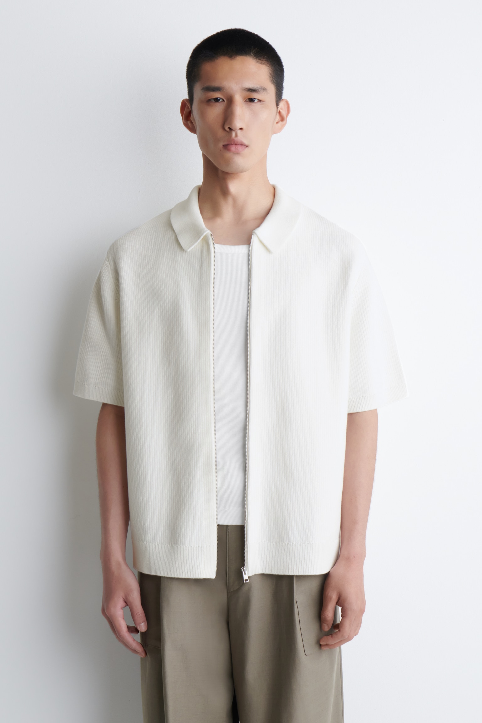 WAFFLE-KNIT COTTON ZIPPED SHIRT - WHITE/PINE GREEN