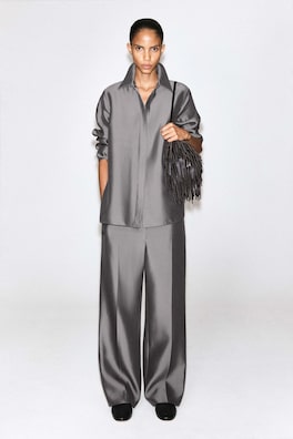 TAILORED SILK STRAIGHT-LEG PANTS — PEWTER 2