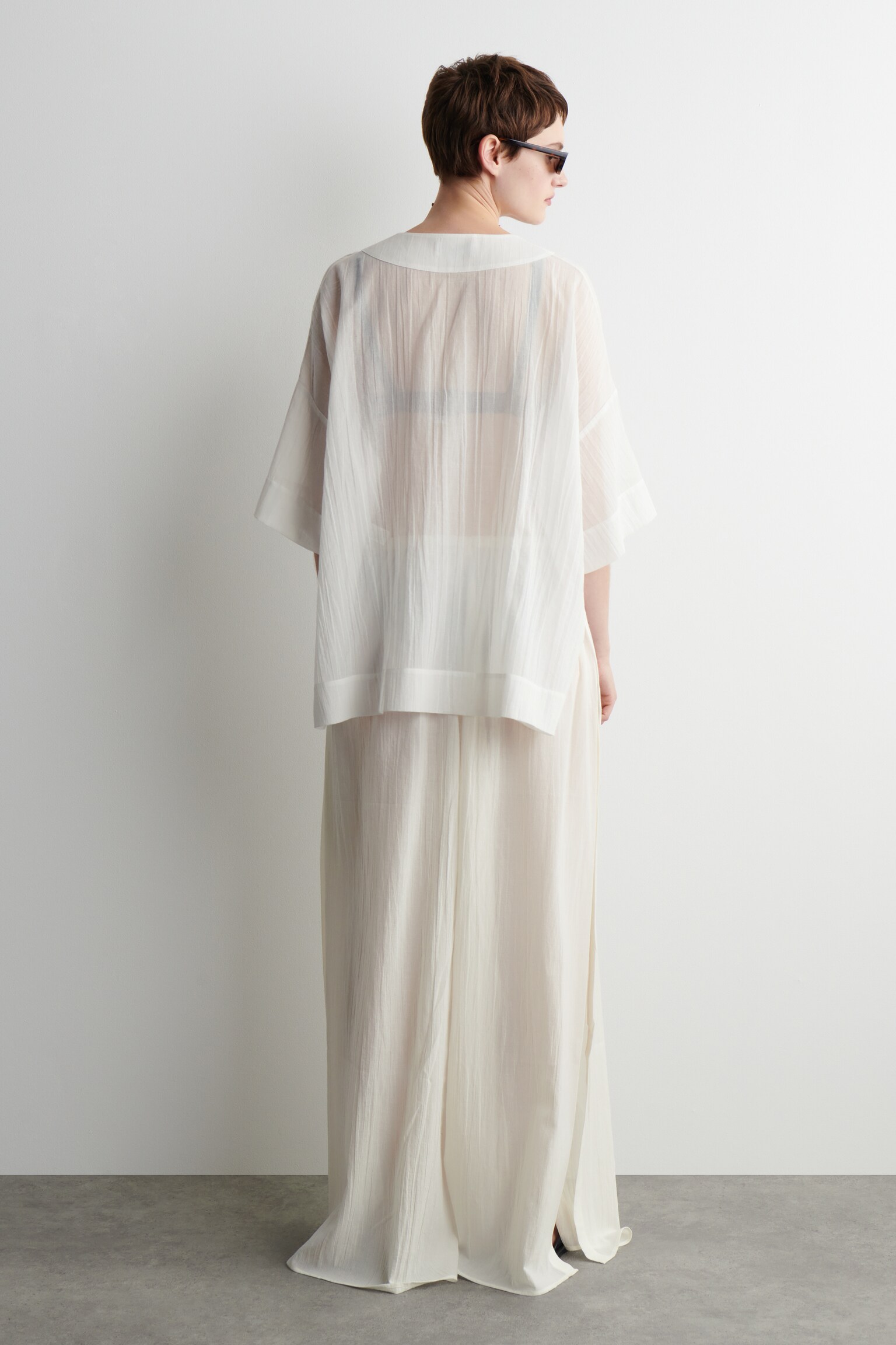 PANTALONI IN COTONE INCRESPATO - BIANCO/NERO - 3
