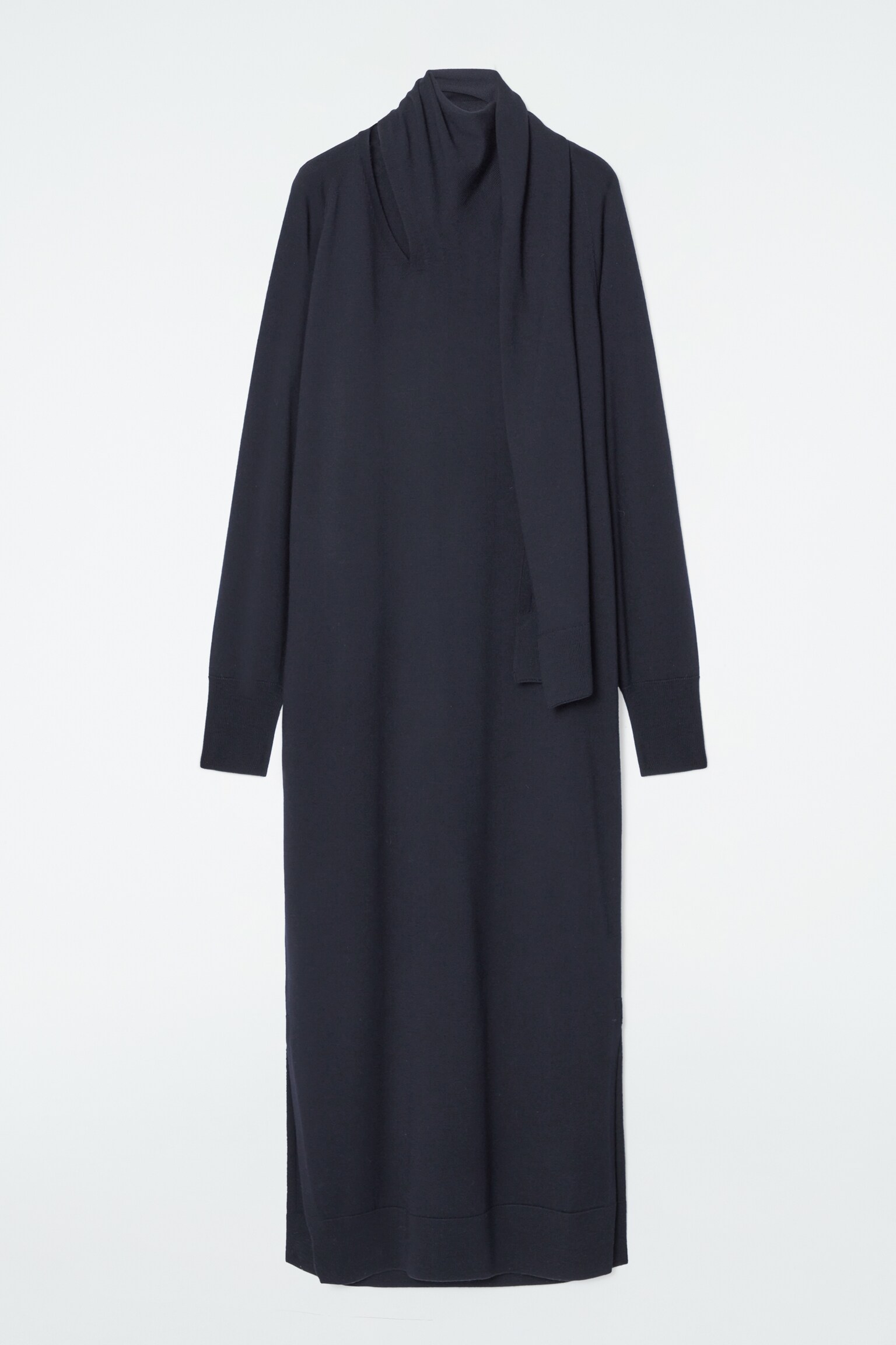 ROBE LONGUE DÉTAIL ÉCHARPE EN LAINE - BLEU MARINE/BLEU