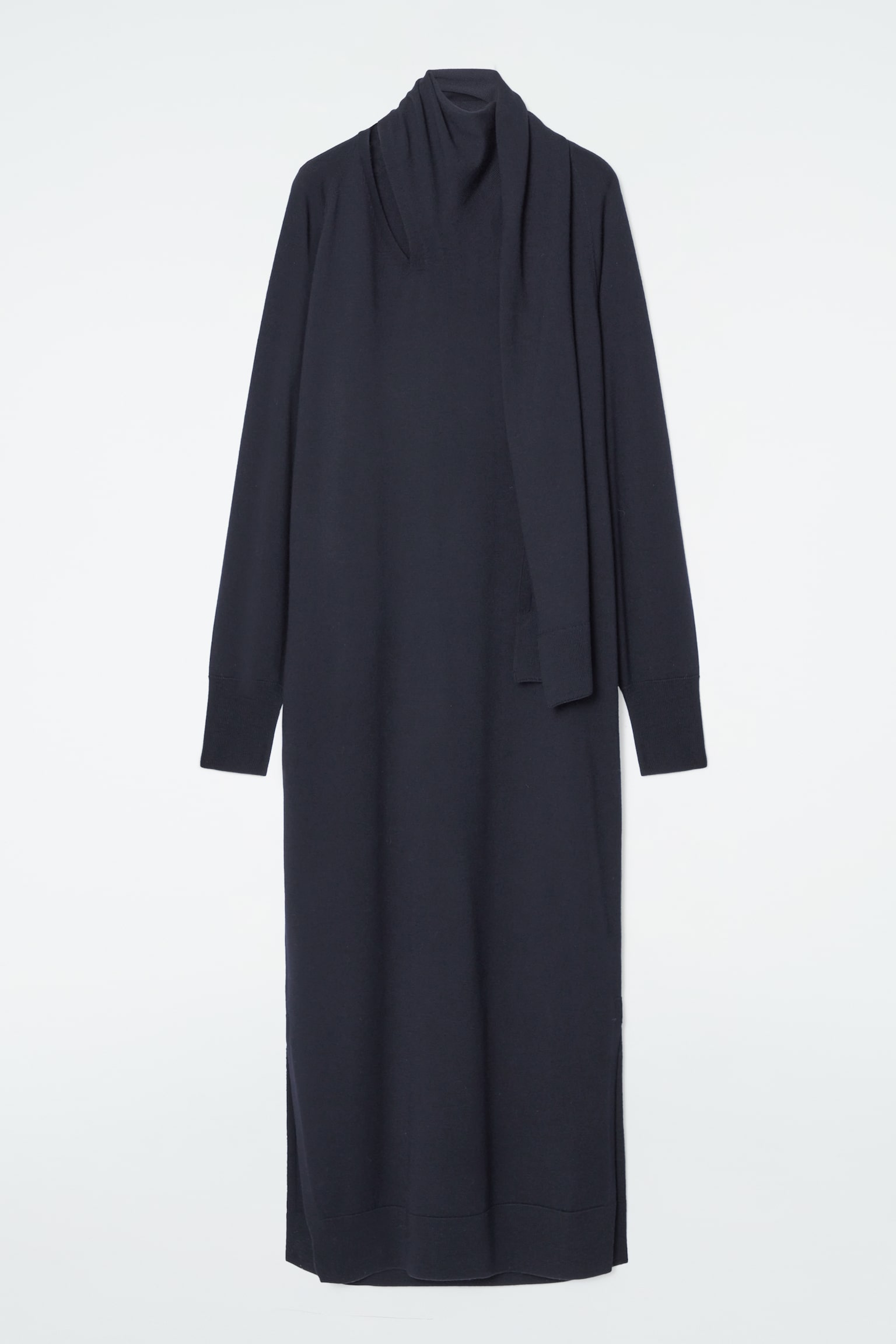 ROBE LONGUE DÉTAIL ÉCHARPE EN LAINE - BLEU MARINE/BLEU