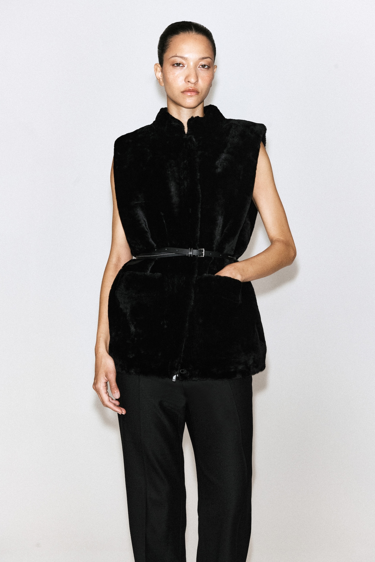 SHEARLING GILET — CARBON