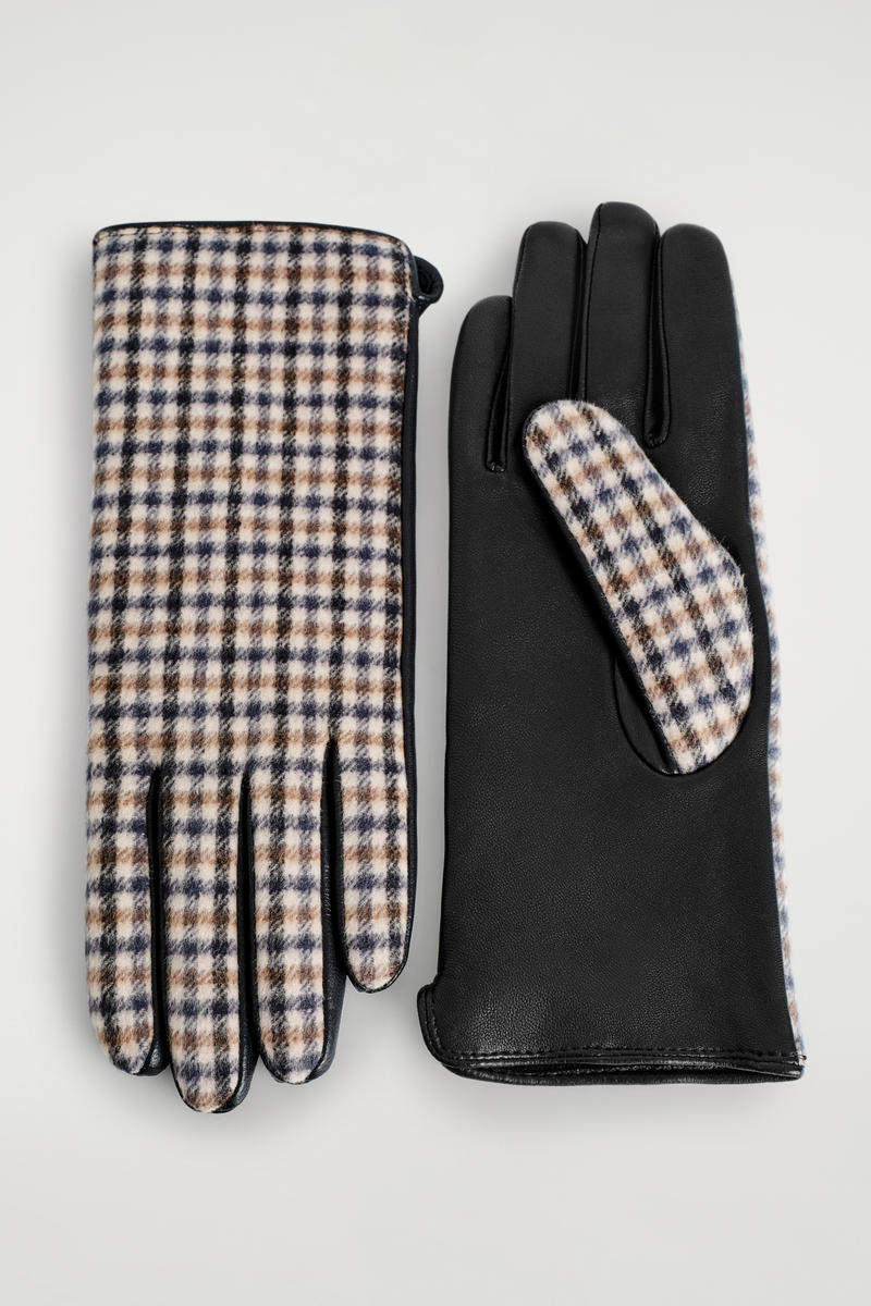 Cos Checked Wool And Leather Gloves In Sand