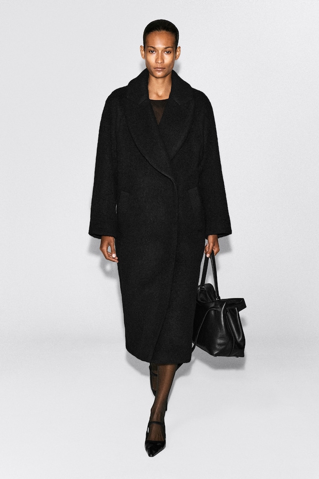 BRUSHED WOOL MAXI COAT — BLACK
