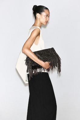FRINGED CLUTCH - LEATHER — MAHOGANY 2