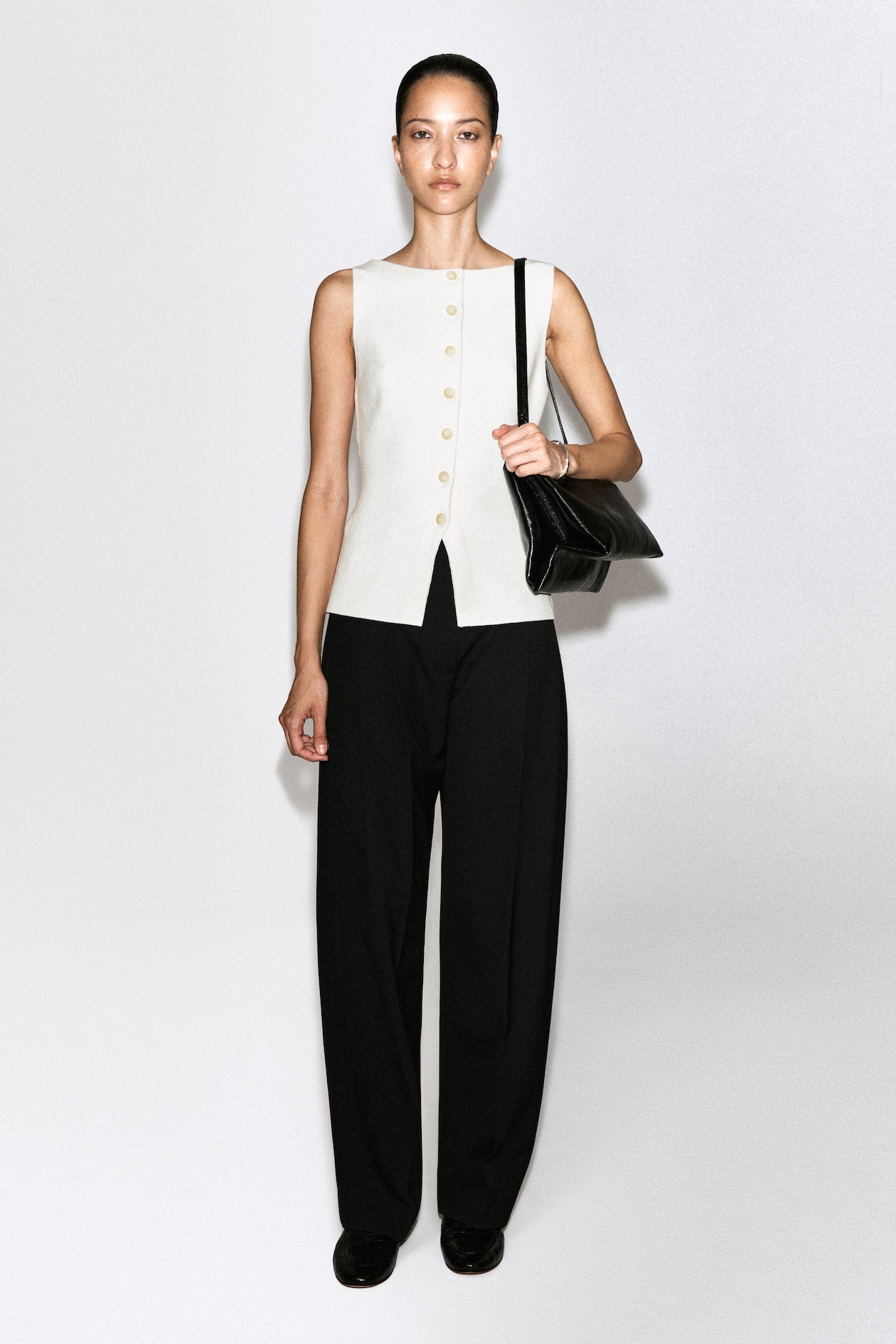 COTTON-BLEND CREPE VEST — WHITE