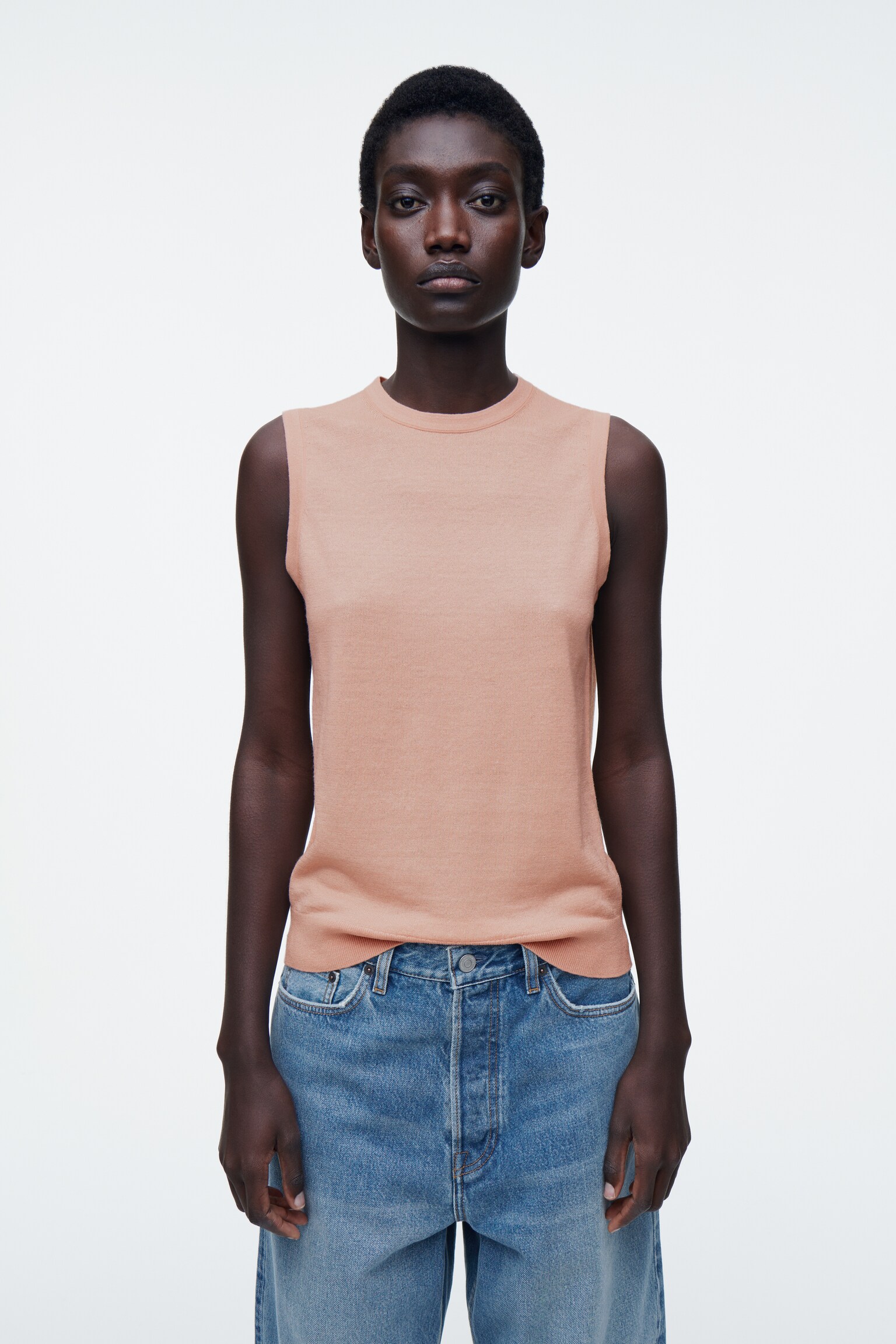 MERINO WOOL-LINEN BLEND TANK TOP - DUSTY PINK/OFF-WHITE