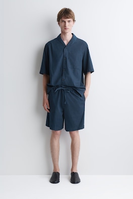 PINSTRIPED DENIM DRAWSTRING SHORTS — INDIGO / PINSTRIPED 1