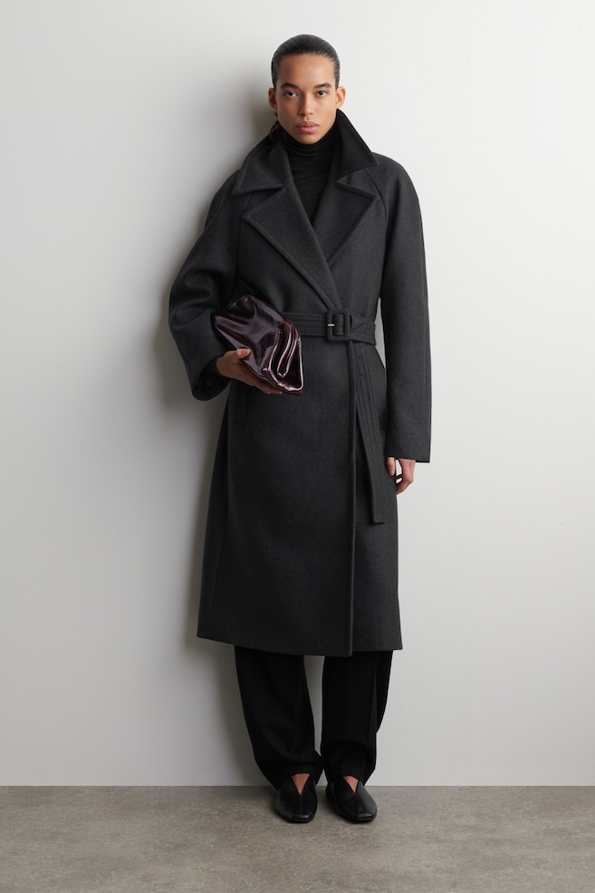 TAILORED BELTED WOOL-TWILL COAT — CHARCOAL