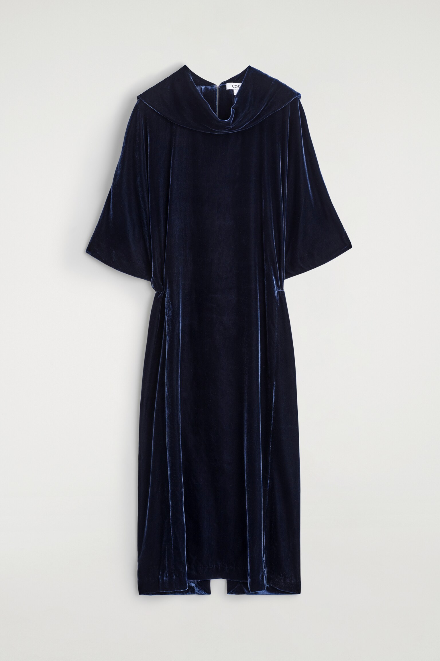 DRAPED-NECK VELVET MIDI DRESS - NAVY/DARK BROWN - 2