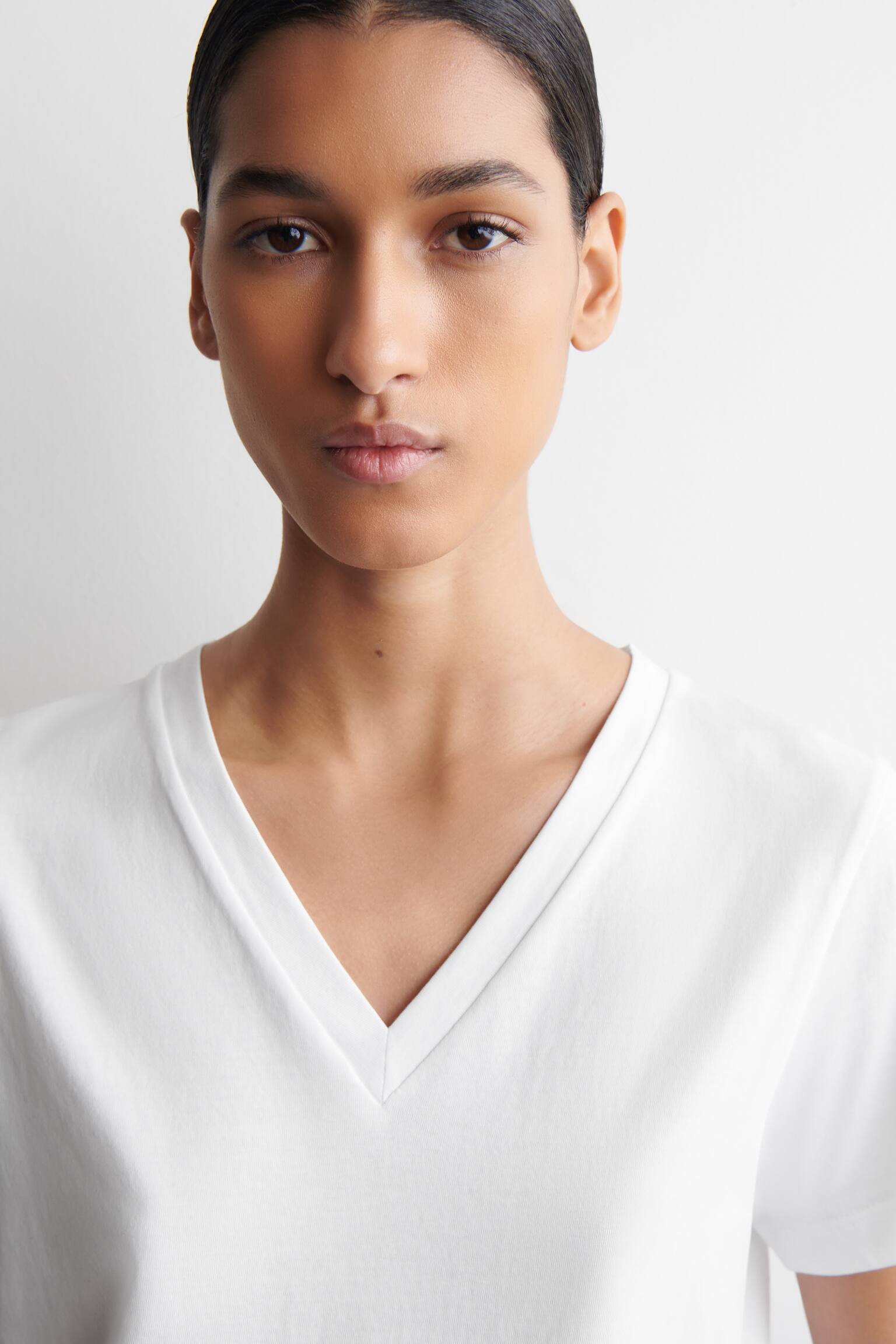 T-SHIRT COL EN V EN COTON - BLANC/NOIR/BRUN CHINÉ - 3