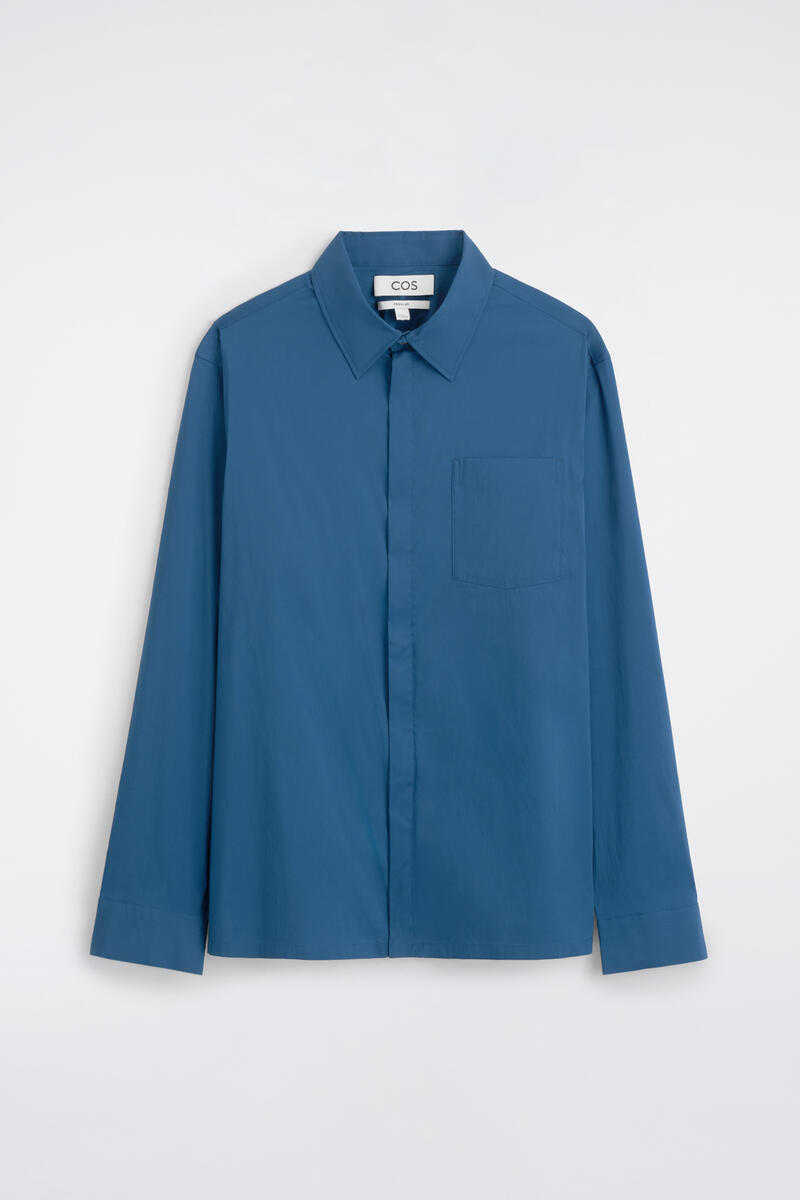 Cotton-Blend Zip-Up Shirt in Blue