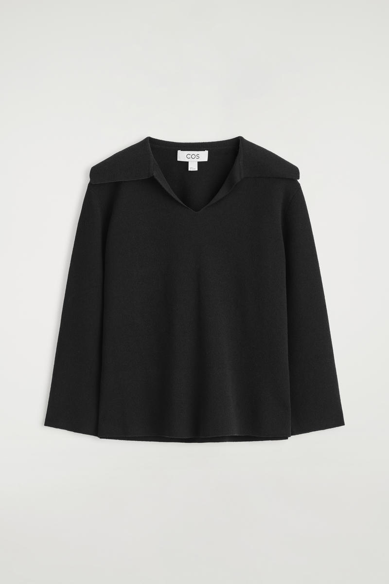 Cos Double-knit Open-collar Sweater In Black