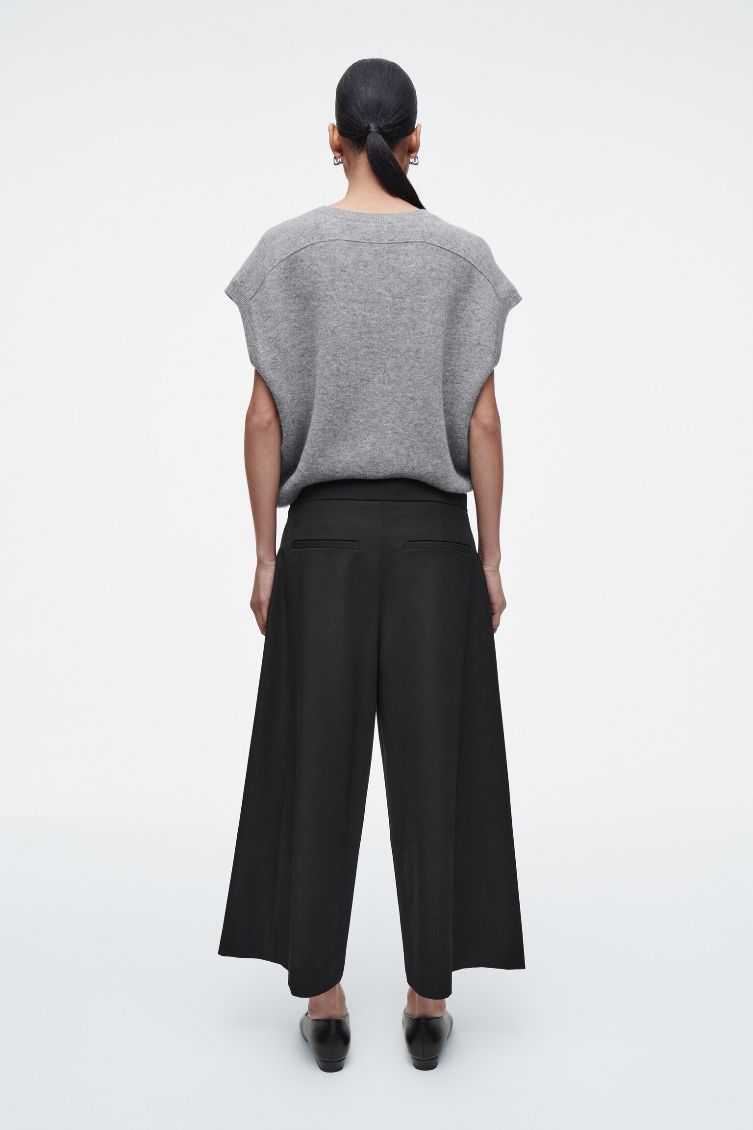 PANTALON COURT LARGE EN LAINE MÉLANGÉE - NOIR - 8