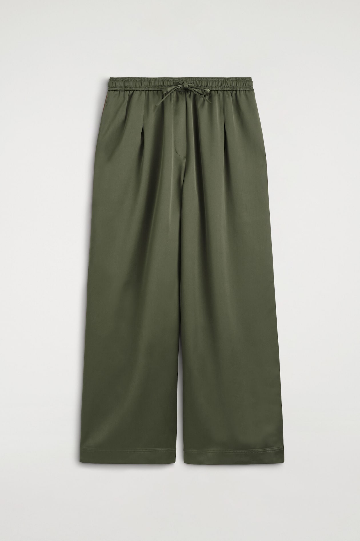 PLEATED SATIN DRAWSTRING PANTS — KHAKI