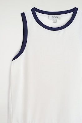 PANELED SLEEVELESS MIDI DRESS — WHITE / NAVY 5