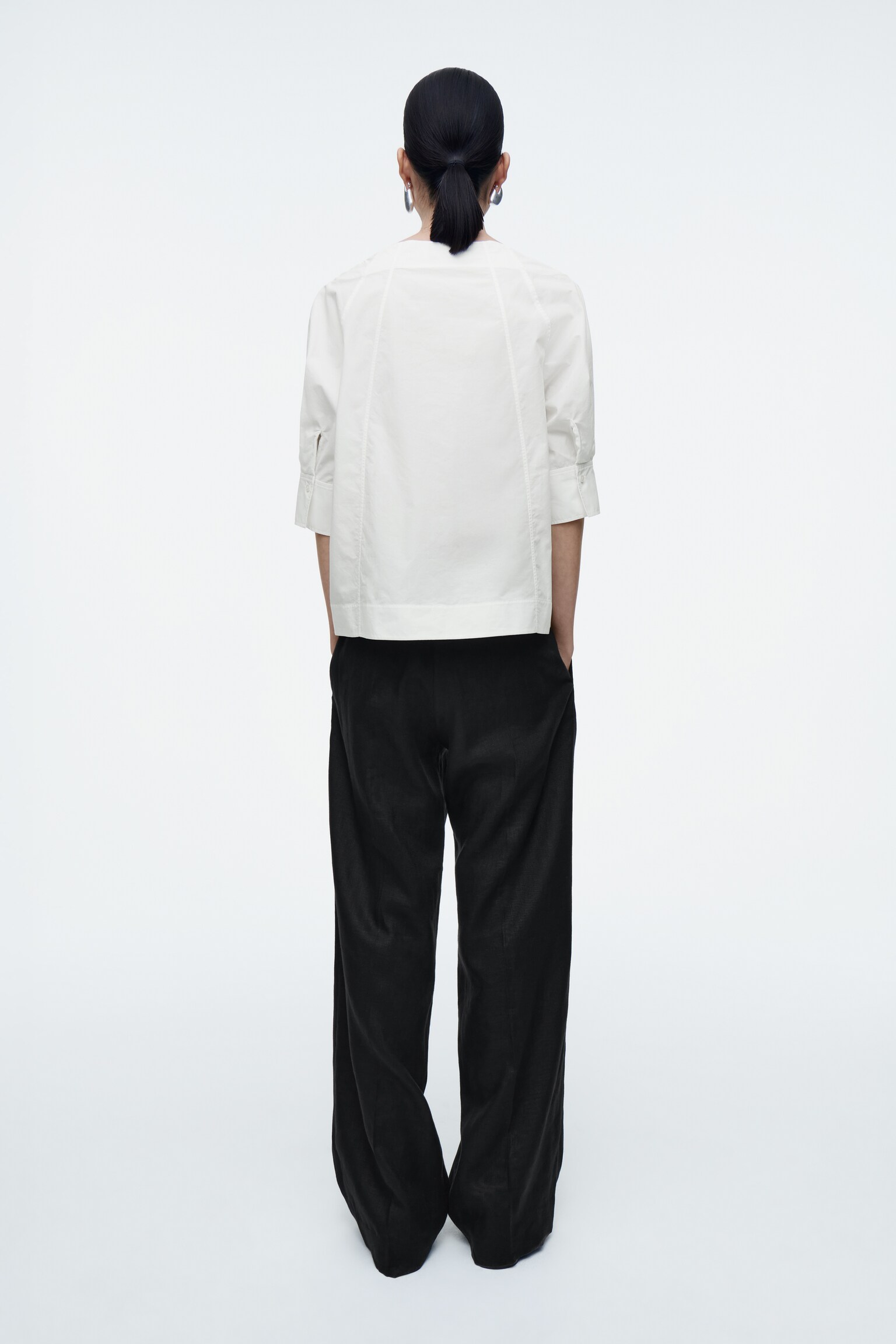 BLOUSE VOLUMINEUSE COL BATEAU EN COTON - BLANC/BLEU MARINE - 3