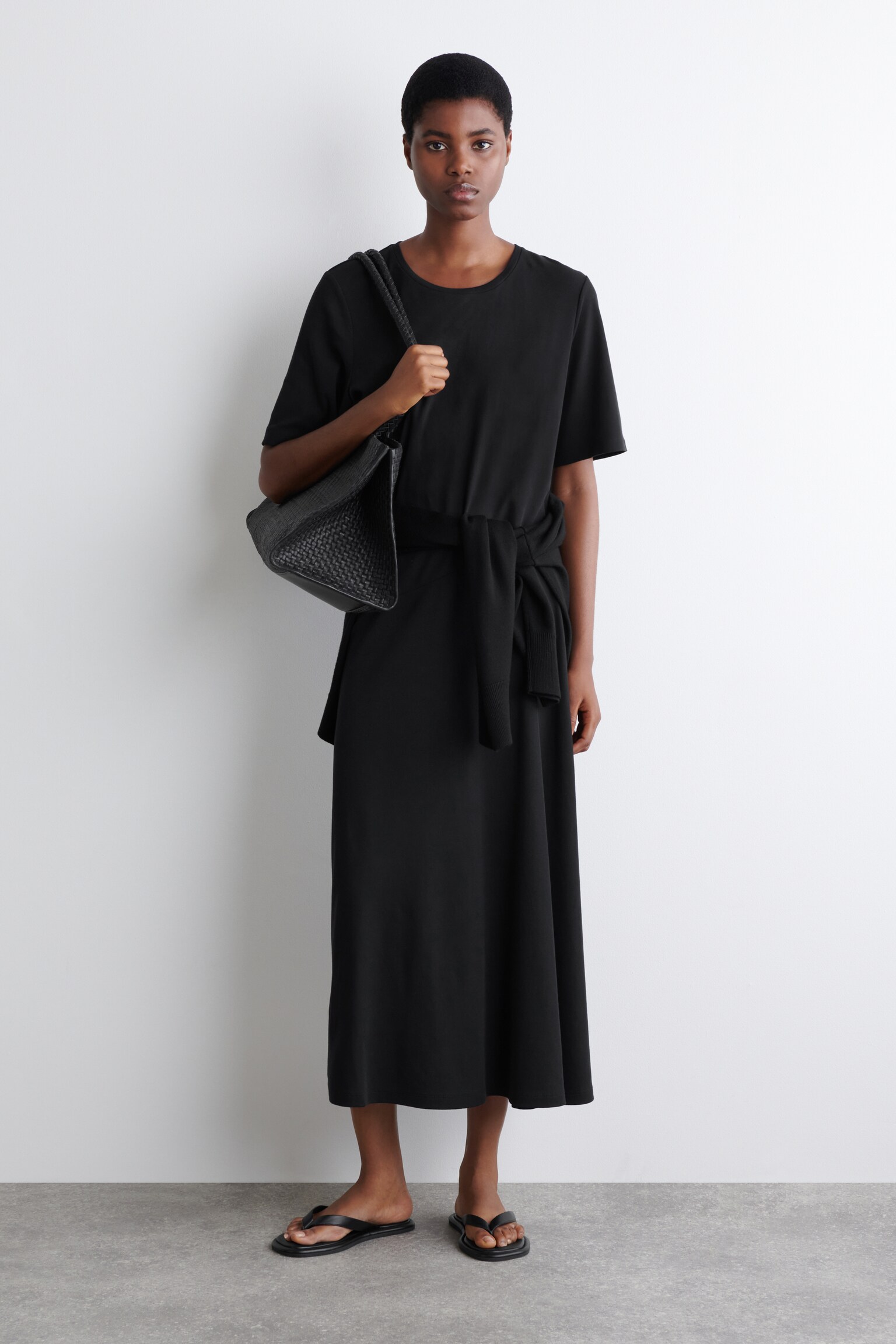 VESTIDO MIDI DE ALGODÓN DRAPEADO - NEGRO/BURDEOS