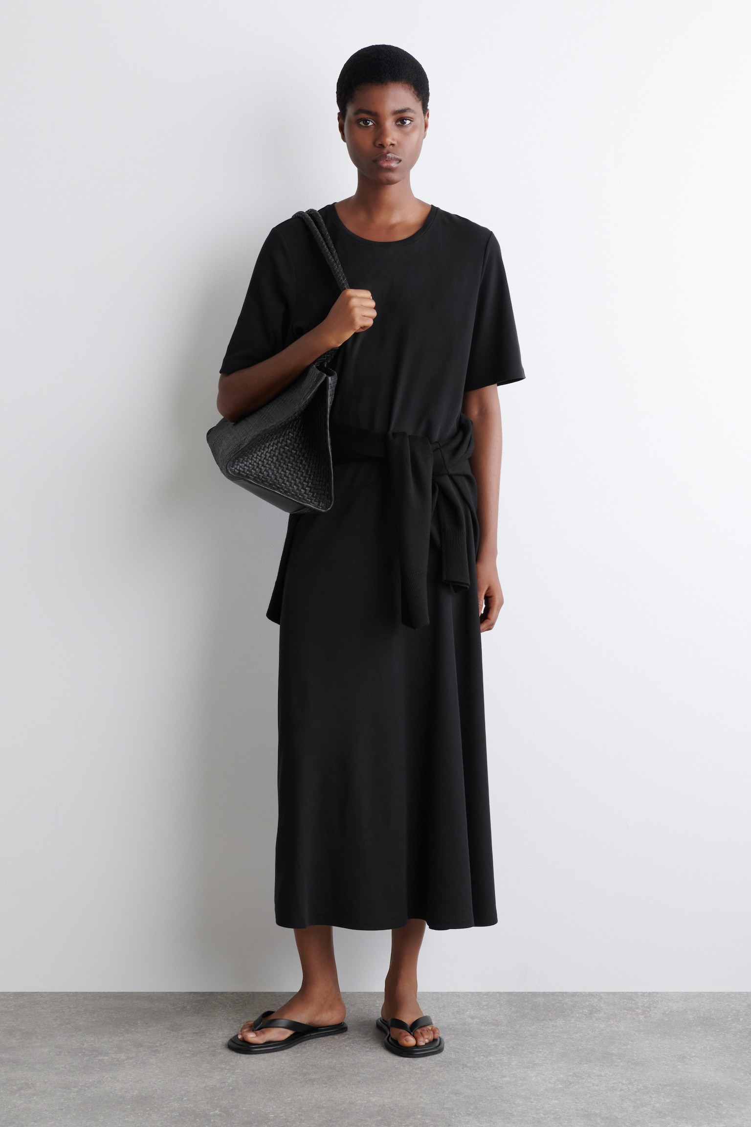 DRAPED COTTON MIDI DRESS - BLACK/BURGUNDY