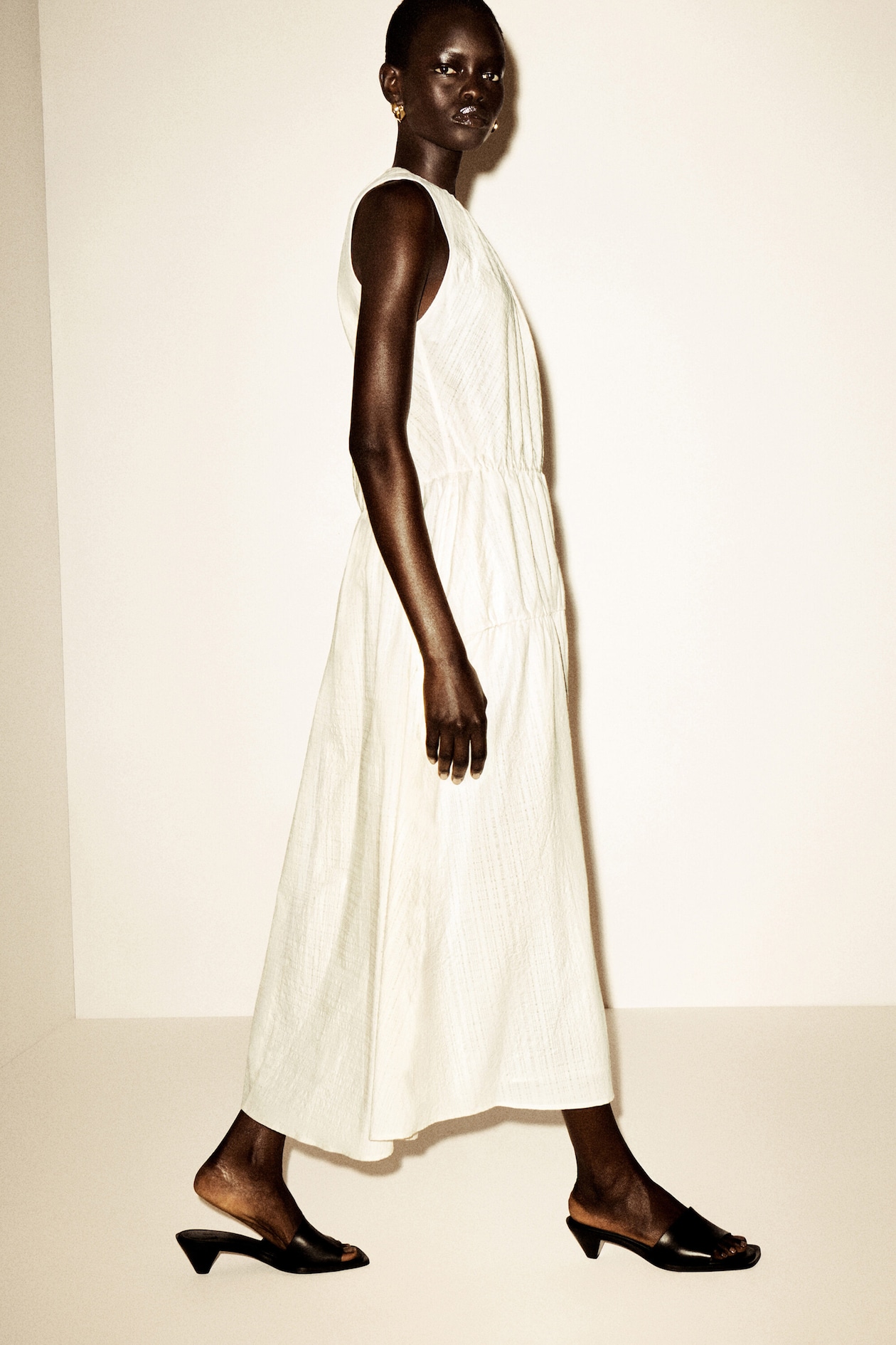 GATHERED TIERED COTTON MAXI DRESS — IVORY