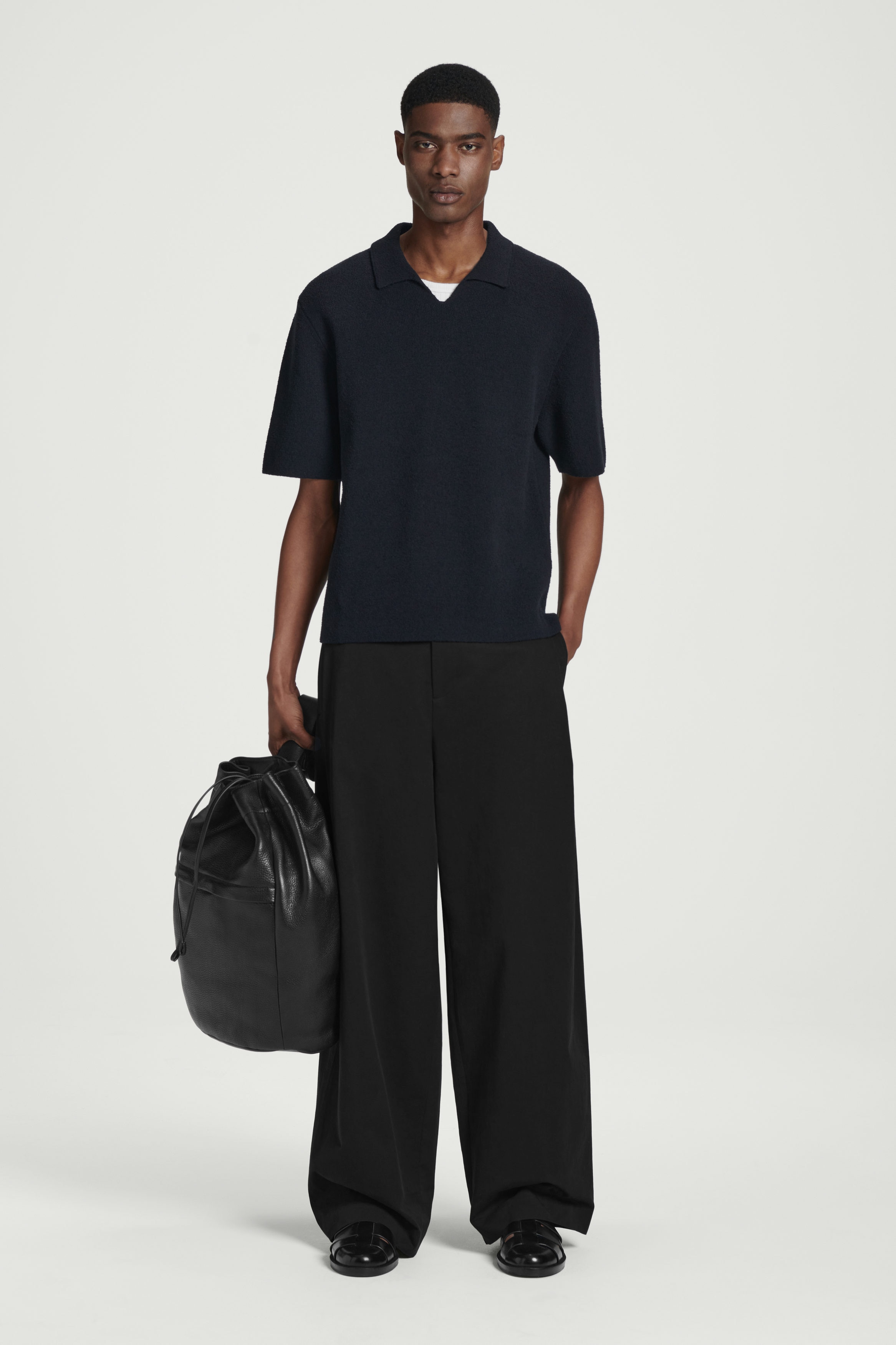 OPEN-COLLAR BOUCLÉ-KNIT POLO SHIRT - NAVY | COS