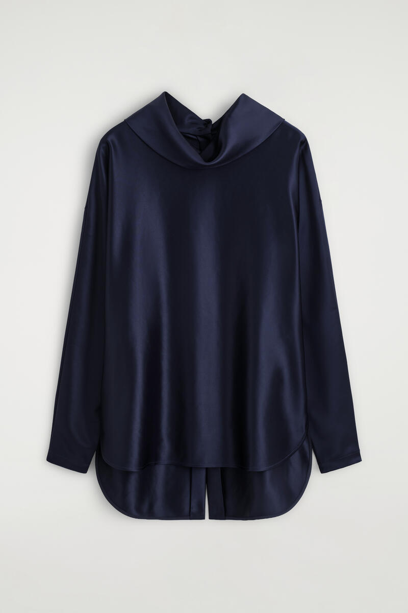 Cowl-Neck Satin Blouse in Blue
