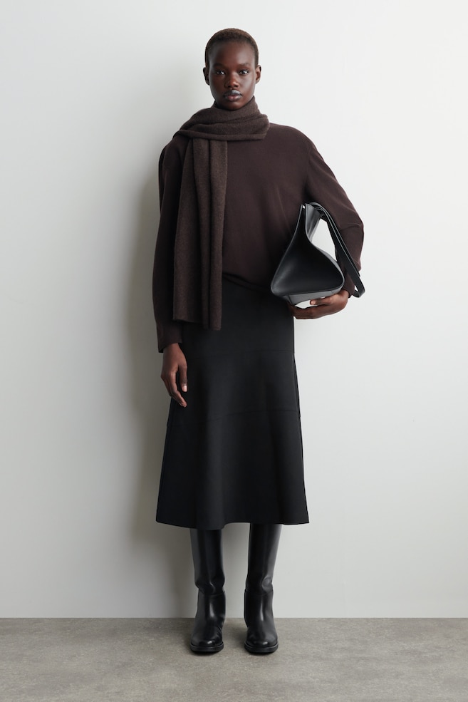 CURVED A-LINE MIDI SKIRT — DARK GREY