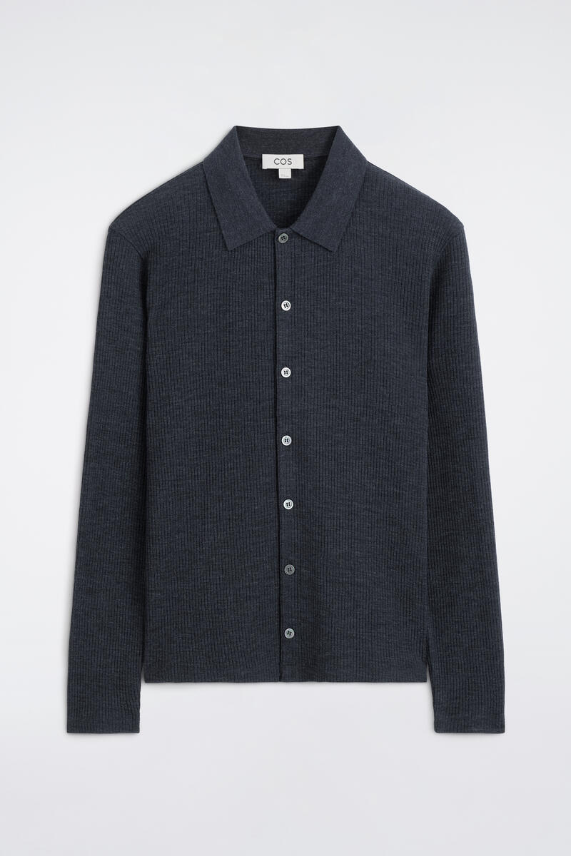 Slim Ribbed Wool Shirt in Navy