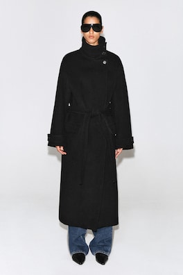 BELTED WOOL-BLEND MOCK-NECK COAT — BLACK 1
