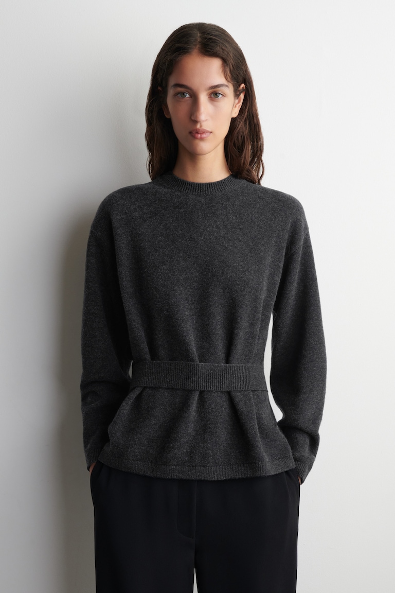 BELT-DETAIL MERINO WOOL SWEATER