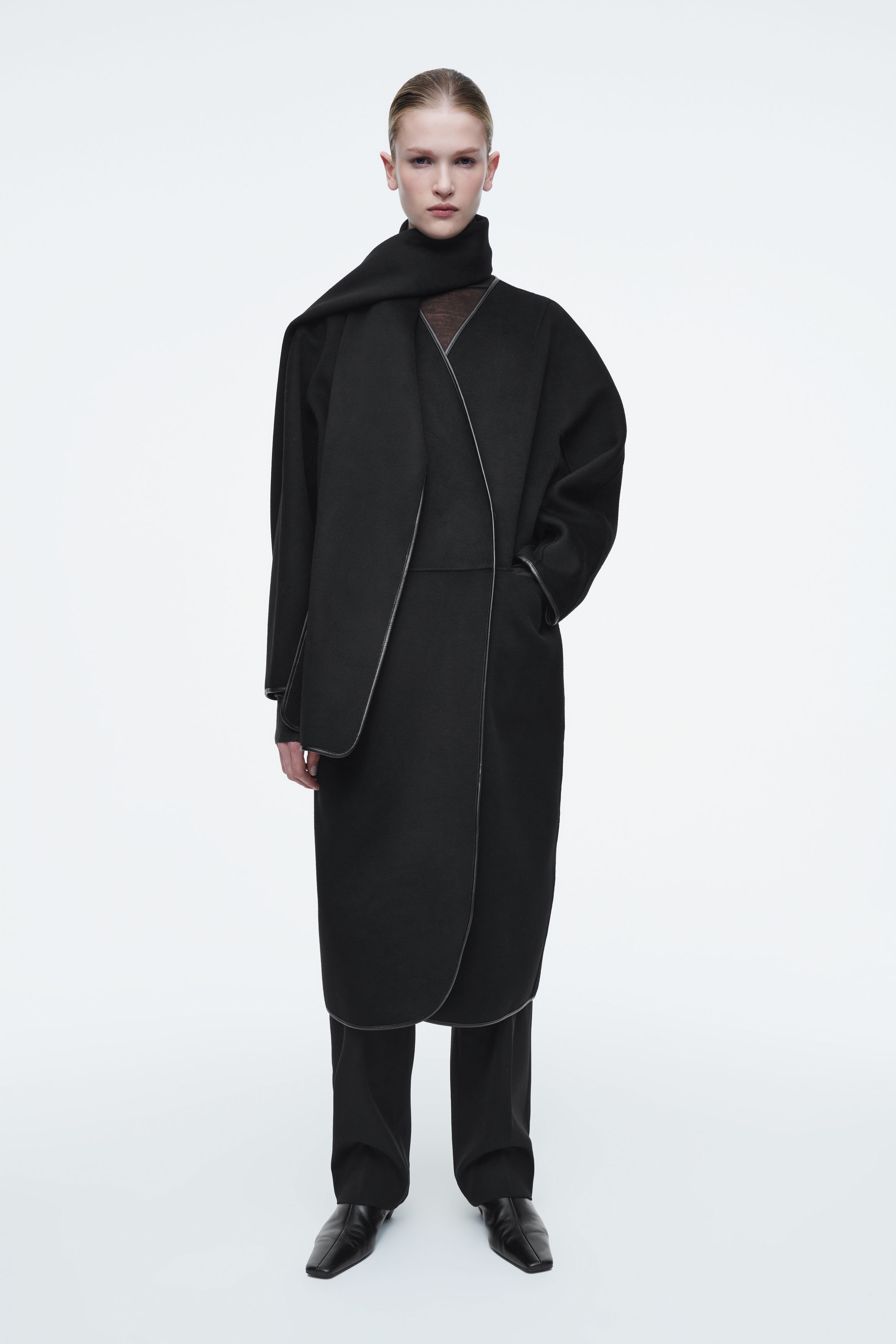 [LOW CLASSIC] / ☆ 24FW SOFT WOOL TWILL WRAP COAT / BLACK StructuredVeganWoolCoat_0000_S