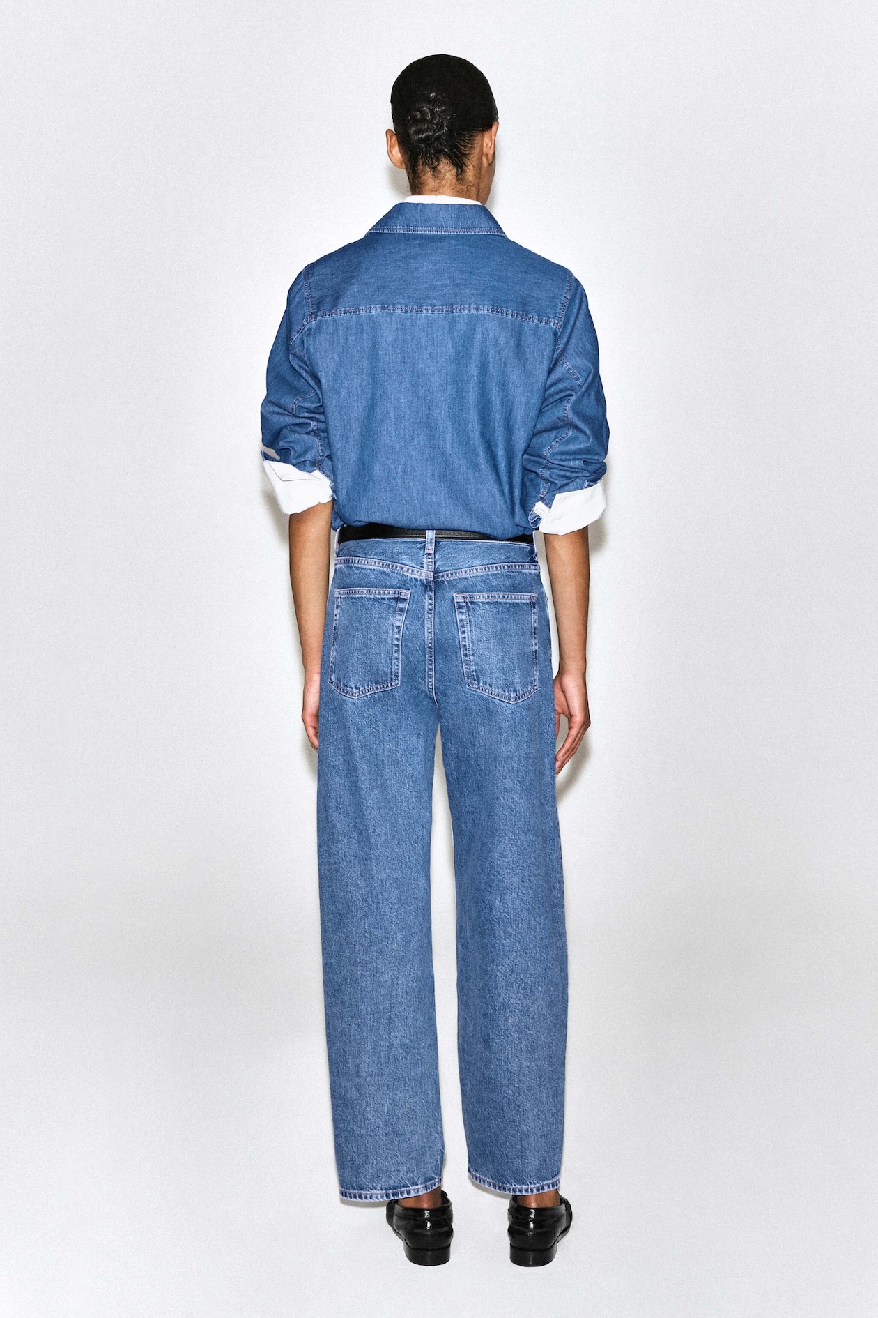 LONGLINE DENIM SHIRT — BLUE