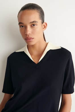 MERINO WOOL LAYERED POLO SHIRT — NAVY / WHITE 5