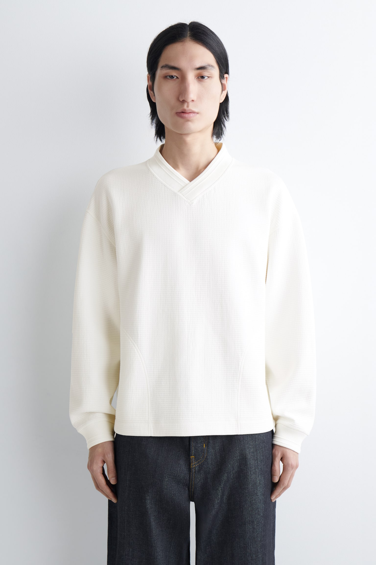 WAFFLE-KNIT COTTON V-NECK SWEATSHIRT - WHITE - 1
