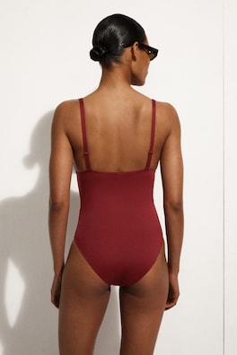 BONDED-SCUBA V-NECK SWIMSUIT — DARK RED 3