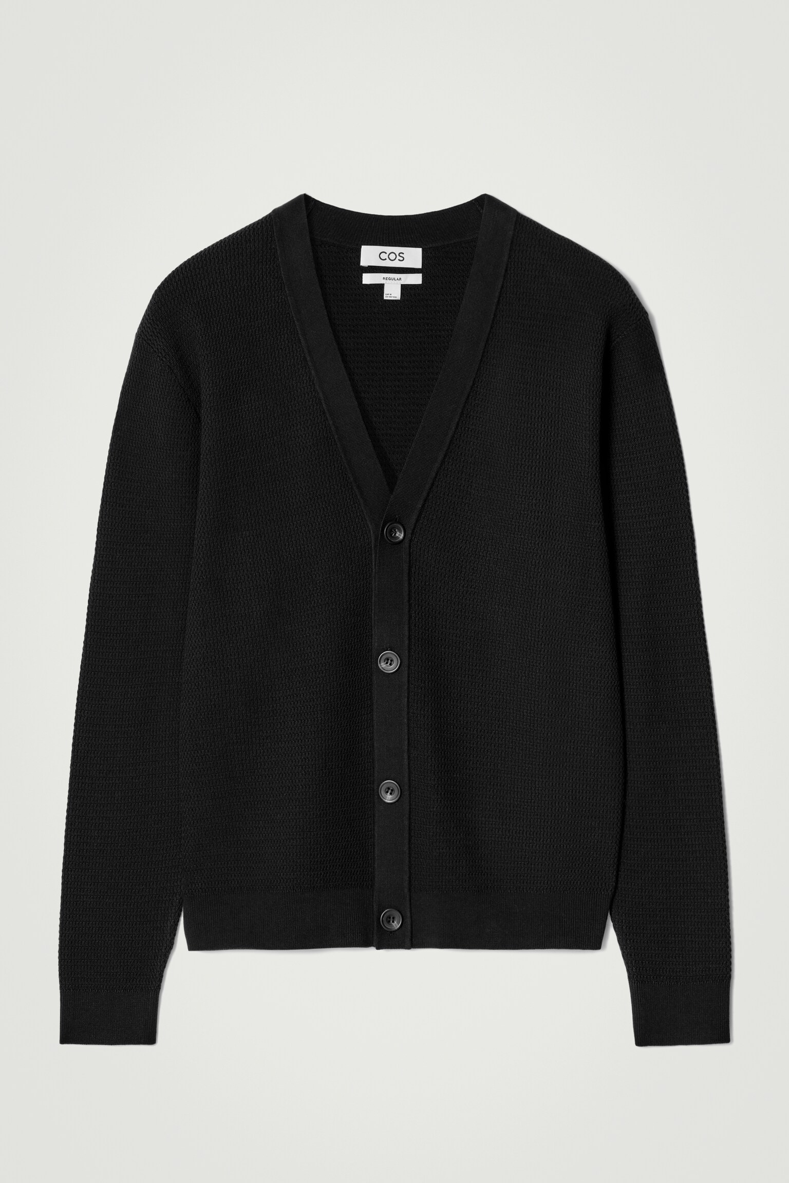 TEXTURED KNITTED COTTON V-NECK CARDIGAN - BLACK