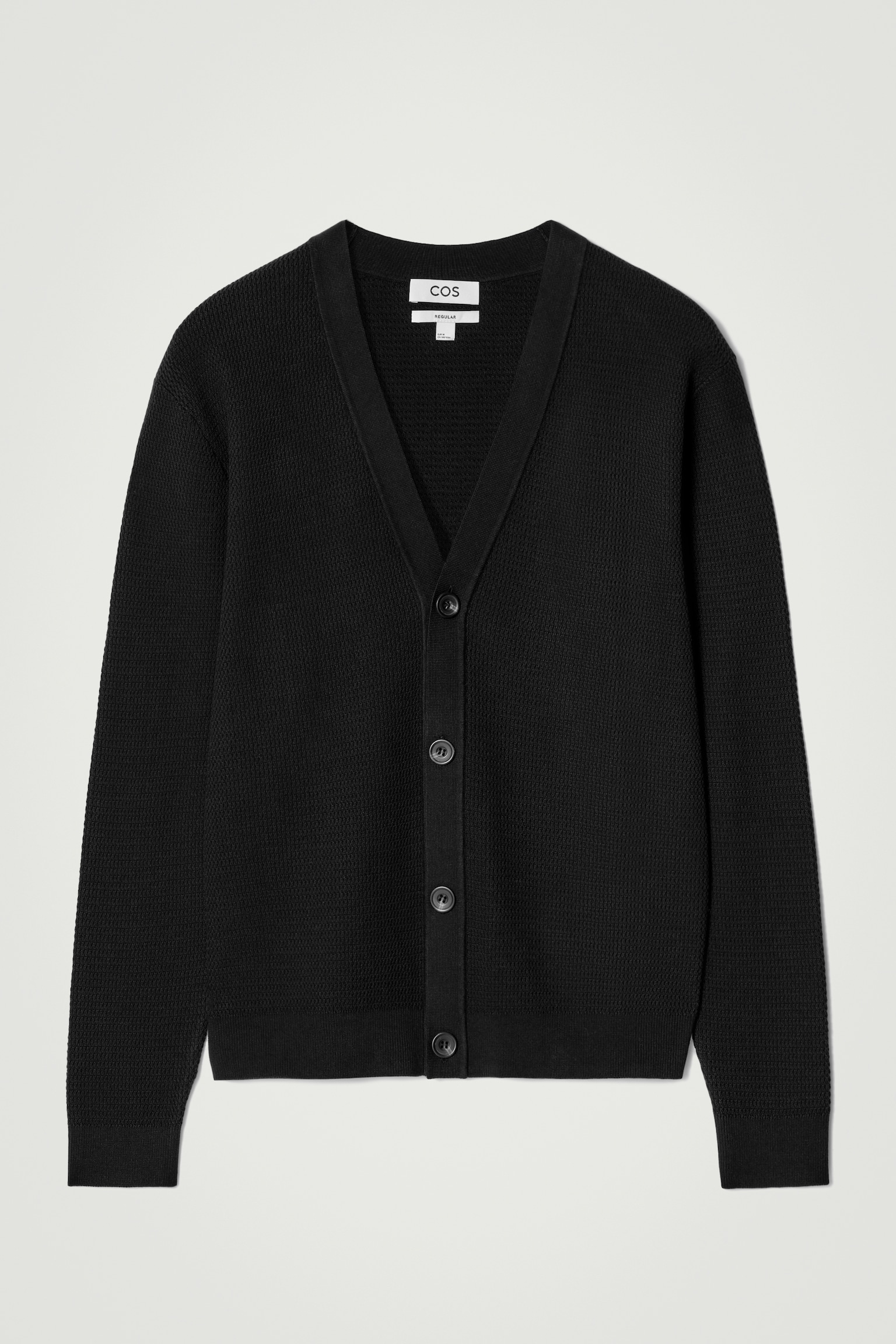 TEXTURED KNITTED COTTON V-NECK CARDIGAN - BLACK